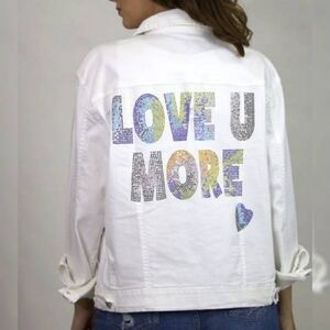 NWT MOVING FORWARD White Denim Jacket with Colorful Rhinestone LOVE U MORE